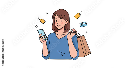 Joyful woman holding smartphone and shopping bag, cartoon-style illustration expressing the convenience of digital payment and ease of online
