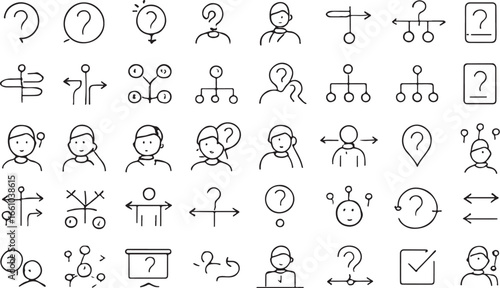 Black line icons of question marks and people symbols