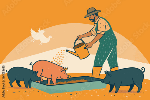 A farmer with worn overalls generously pours nutrient-rich feed into a long, weathered trough, while a contented pig eagerly awaits its meal in a rustic farm setting.