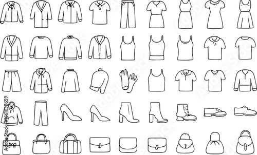 Black outline fashion clothing and accessories icons