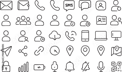 Black outline communication and user interface icons