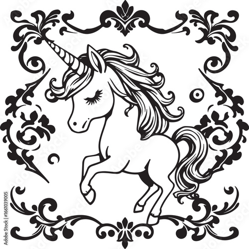 A traditional tattoo-inspired vector art print depicting a kawaii unicorn silhouette. The design is executed in classic black and white, with complex ornamental details