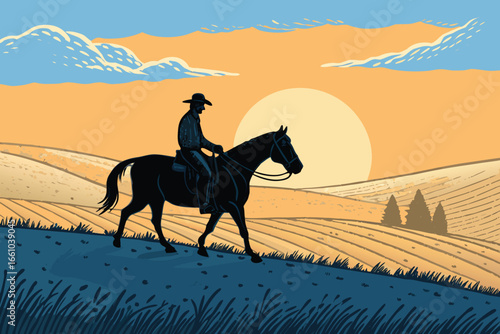 Serene farmer on horseback traverses golden farmland as sun rises.