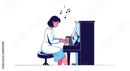 Elegant pianist immersed in melodious creation composing harmonies on an upright grand piano in minimalist art style illustration