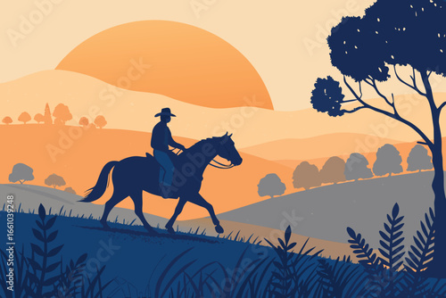 Farmer on horseback, serene dawn, rolling agricultural fields, misty atmosphere, vibrant sunrise hues, peaceful rural vista.