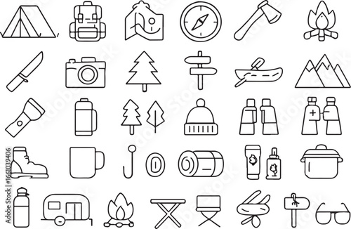 Camping and Outdoor Adventure Line Icons Set vector