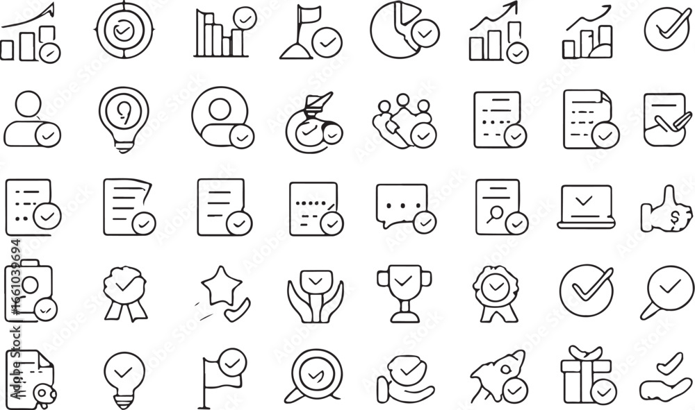 Fototapeta premium Collection of black and white outline icons with checkmarks