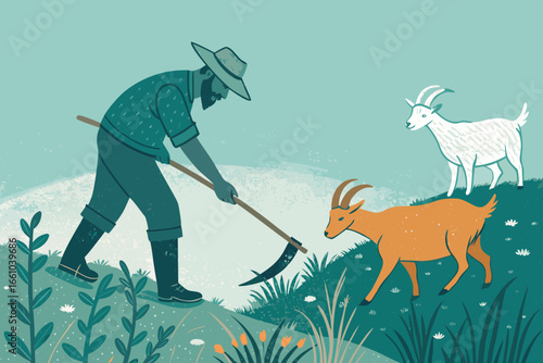 A rustic farmer diligently sharpens a curved sickle, surrounded by peaceful goats peacefully grazing on a sun-drenched, rural field, embodying agrarian tradition.