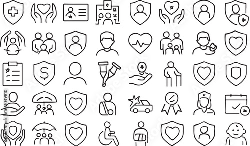 Collection of black outline insurance and healthcare icons