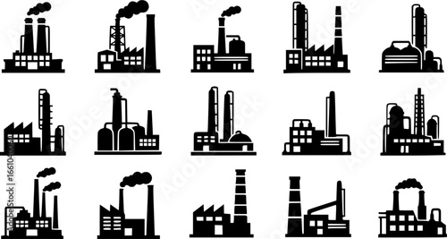Factory, power plant industrial icons. Factory, power plant, oil refinery and oil processing plant industrial icon. EPS version.