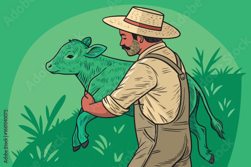 A gentle farmer in a wide brimmed straw hat cradles a newborn calf, embodying rural life, tender care, agriculture, and peaceful stewardship of livestock.