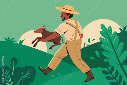 A gentle farmer in a straw hat tenderly carries a newborn calf, a heartwarming scene of rural life.