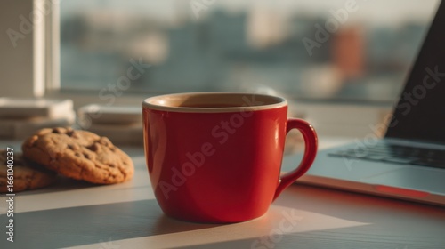Red Mug Coffee Tea Cookies Laptop Window Cityscape Morning