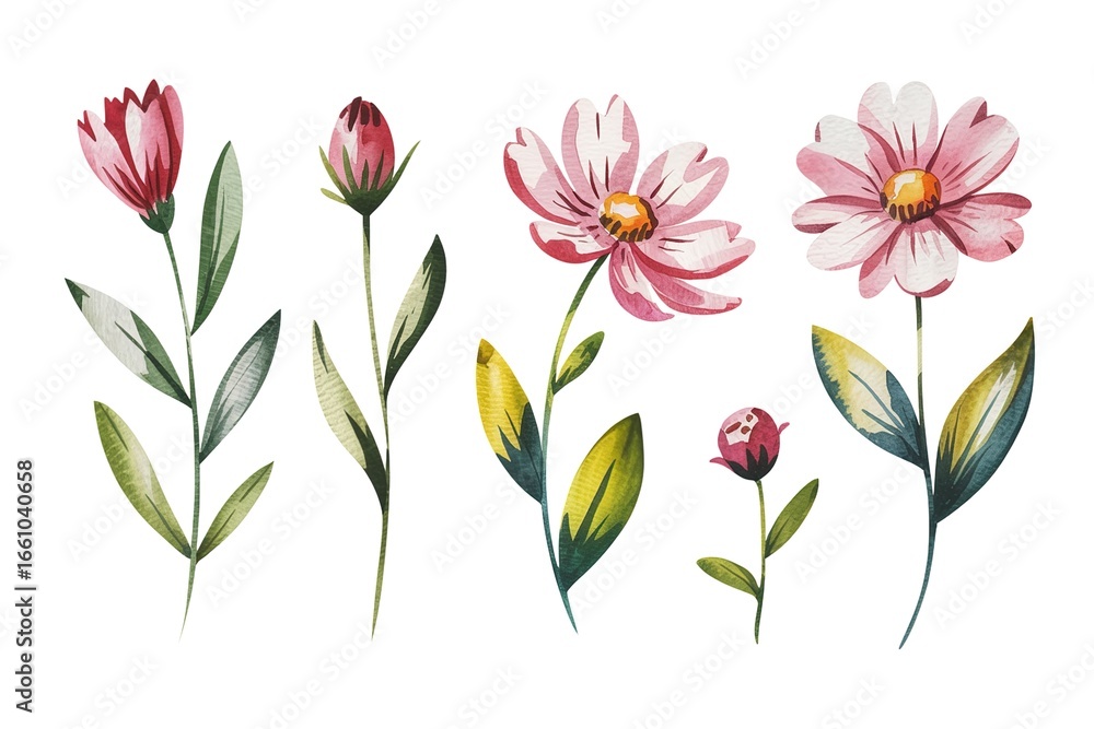 Naklejka premium Watercolor Floral Elements Pink Cosmos Buds for Design Projects