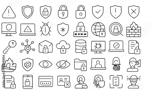 Cybersecurity icons set with shields locks and digital elements