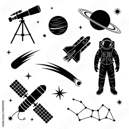Space icons collection featuring astronaut rocket stars planets and telescope for science design