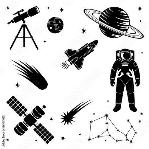 Space icons collection featuring astronaut rocket stars planets and telescope for science design