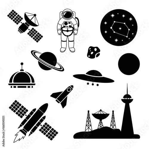 Space icons collection featuring astronaut rocket stars planets and telescope for science design
