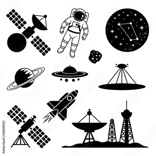 Space icons collection featuring astronaut rocket stars planets and telescope for science design
