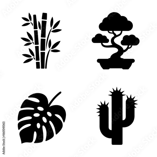 Nature silhouette icons of different plants including bamboo and cactus for design inspiration