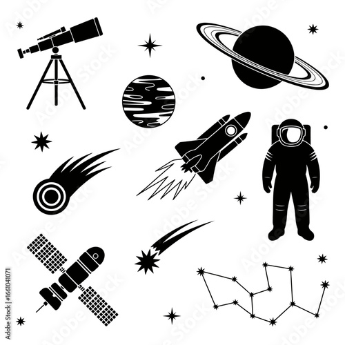 Space icons collection featuring astronaut rocket stars planets and telescope for science design