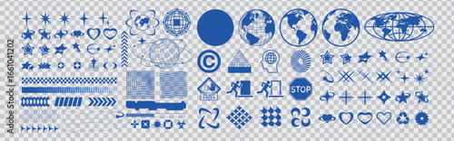 Y2K aesthetic vector icon set featuring stars, hearts, and earth motifs. Perfect for stickers, social media graphics, apparel prints, and trendy digital design projects.