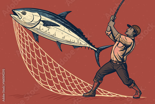 Fisherman with immense strength hefts a colossal tuna from a sturdy net, showcasing a successful catch and immense labor.