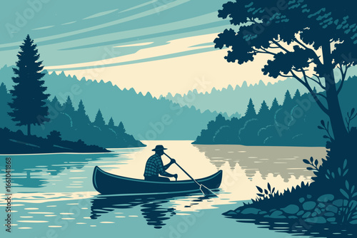 Fisherman paddles a traditional dugout canoe on a serene, reflective Florida river at dawn, mist rising gently.