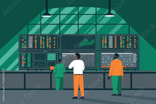 Busy stock exchange floor with traders focused on screens.