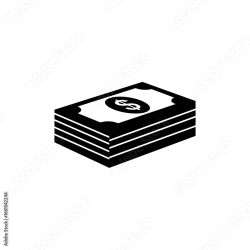 A stylized black and white illustration depicts a thick stack of US dollar bills, fanned slightly to reveal the iconic dollar sign on the top bill.