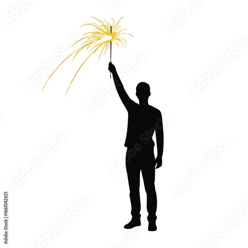 Silhouette of a man holding a sparkler with his arm raised high against a white background scene view