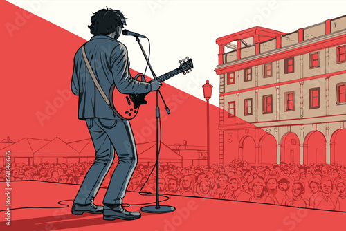 Street guitarist performs with enthusiasm to an open audience.