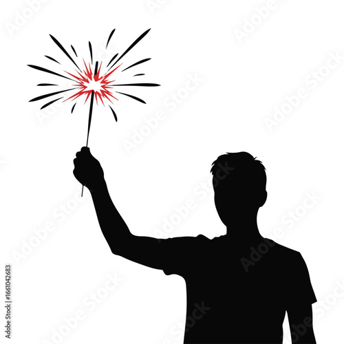 Silhouette of a person holding a sparkler with red and black sparks against a white background image view