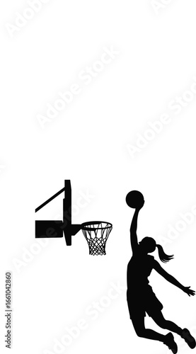 Silhouette of a Determined Female Basketball Player Dunking with Grace and Power Against a Clean White Backdrop Depicting Athleticism and Focus