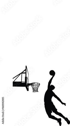 Silhouette of a basketball player performing a slam dunk with energy and power showcasing athleticism and skill against a clean white backdrop for versatile use
