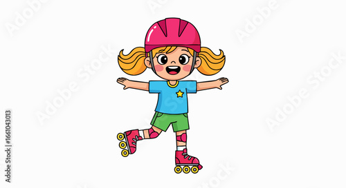 Smiling girl on roller skates with pink helmet