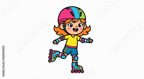Girl roller skating with protective gear cartoon illustration