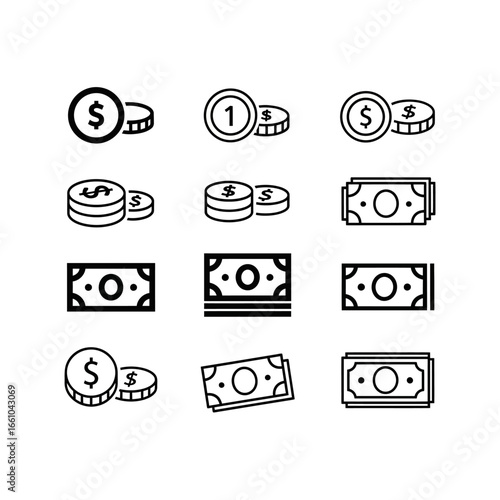 Collection of simple line art icons depicting coins and banknotes.