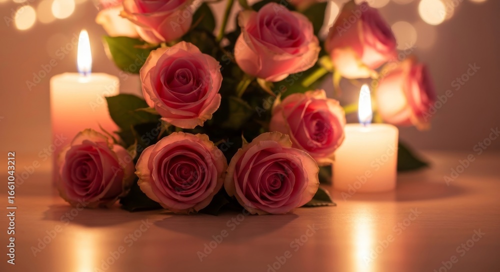 Fototapeta premium Romantic pink roses and glowing candles create a warm, intimate ambiance perfect for celebrations