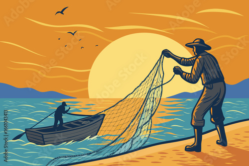 Fisherman casting a weighted net into shimmering ocean at dawn's golden, fiery sunrise.