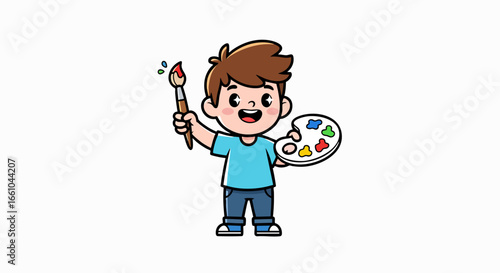 Cheerful child holding paintbrush and palette