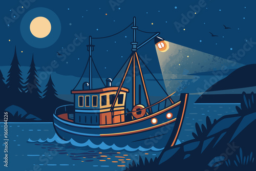 Serene fishing boat glides through dark ocean waters, illuminated by warm, inviting lantern lights against a starry night sky.