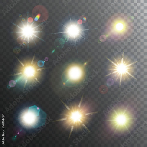 Light effects illustration: A collection of light effects, with rays and lens flares shining and glowing, in an abstract design.