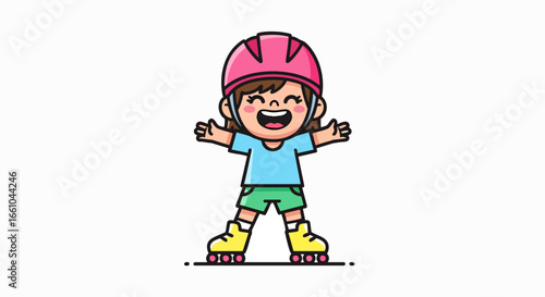 Happy girl on roller skates cartoon illustration