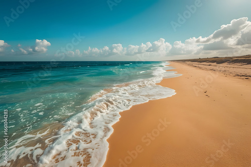 A coastline where turquoise ocean waves gently meet golden sandy beaches, to emphasize travel, relaxation, and the serene beauty of nature