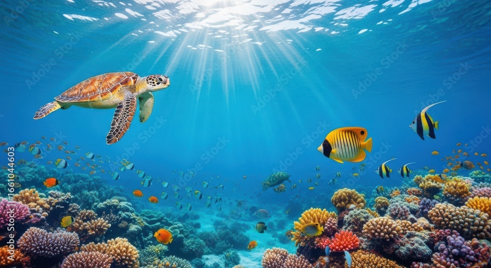 Fototapeta premium Sea turtle swimming above vibrant coral reef with sunbeams