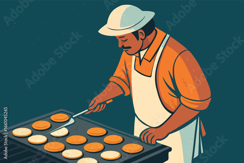 Vendor grills sweet hotteok pancakes, a delicious street food treat.