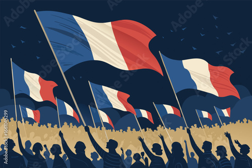 Dynamic nighttime scene with multiple revolutionary flags fluttering vigorously above an energetic, cheering crowd.