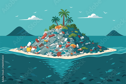 A vast, surreal floating island constructed entirely from diverse plastic waste debris saturating the ocean's surface.