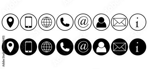 Set of black and white contact icons including phone, email, location, user, web symbols, @ and i mark icons. Ideal for websites, apps, business cards, and digital communication. Icons, vector.